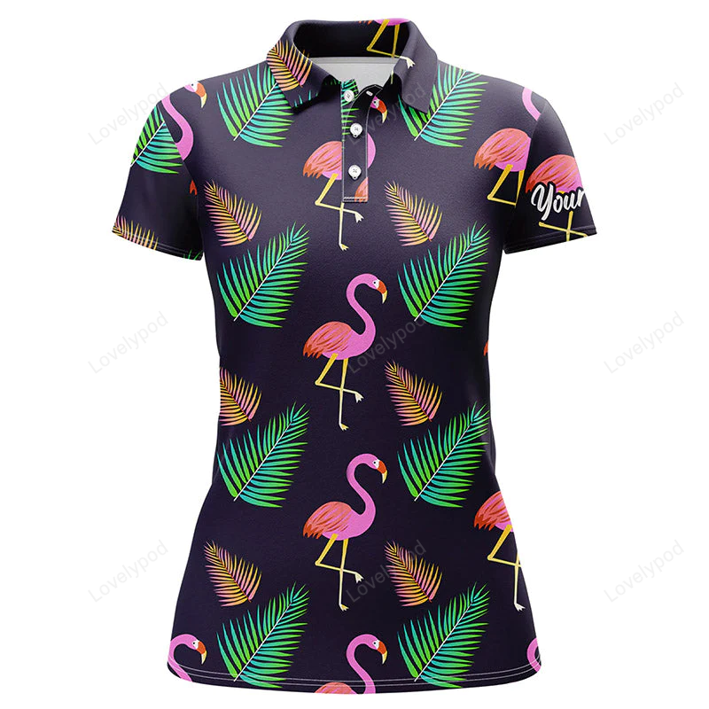 Womens golf polo shirt neon flamingos palm leaves pattern custom team flamingo golf shirts GY0834