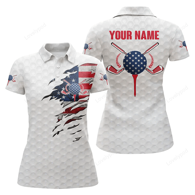 Merican flag white golf ball skin womens golf polos shirts, custom patriot ladies golf shirts GY0831