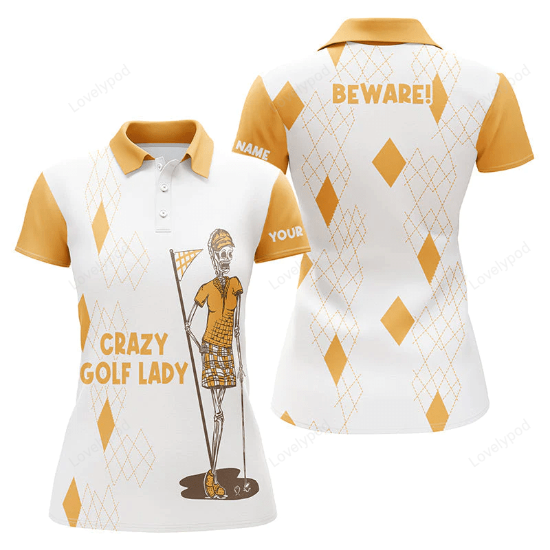 Funny womens polo shirt custom name golf skull crazy golf lady beware womens golf tops GY0886