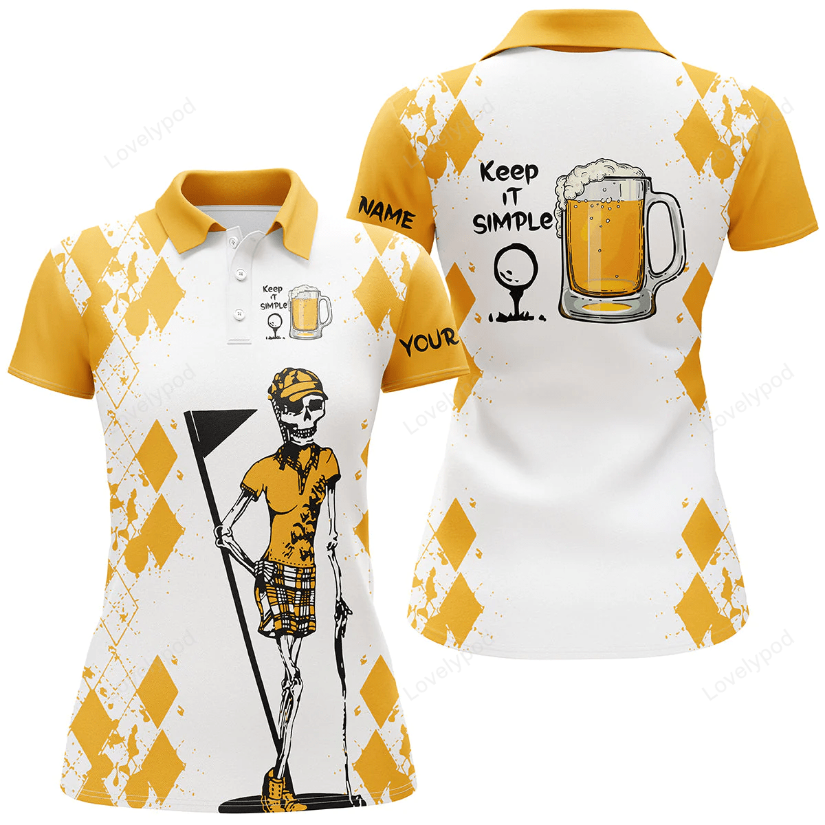 White yellow womens golf shirt skull keep it simple golf & beer custom name womens golf polo shirt GY0912