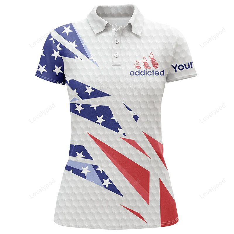 American flag white golf addicted womens golf polo shirts custom name patriotic golf tops for women GY0814