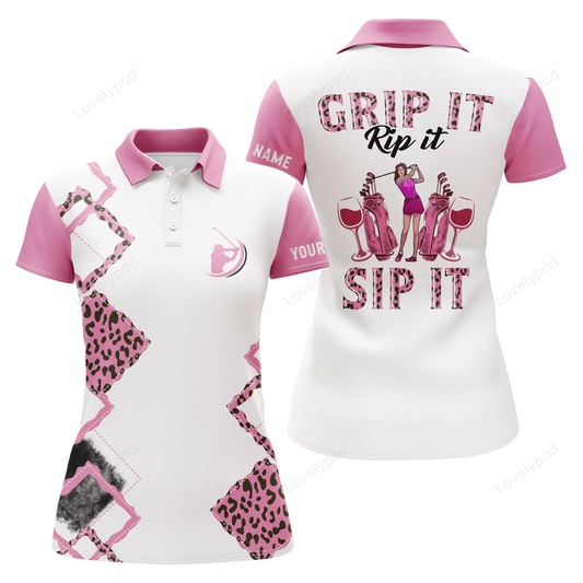 Womens golf polo shirt, pink leopard custom name grip it rip it sip it GY0945