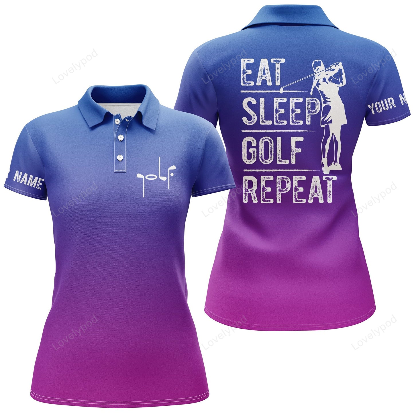 Womens golf polo shirt custom name gradient color eat sleep golf repeat, gifts for golf lovers GY0904