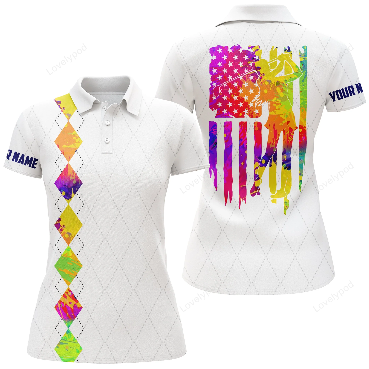 Womens golf polo shirt, watercolor american flag patriotic golf shirts custom name golf gifts GY0953