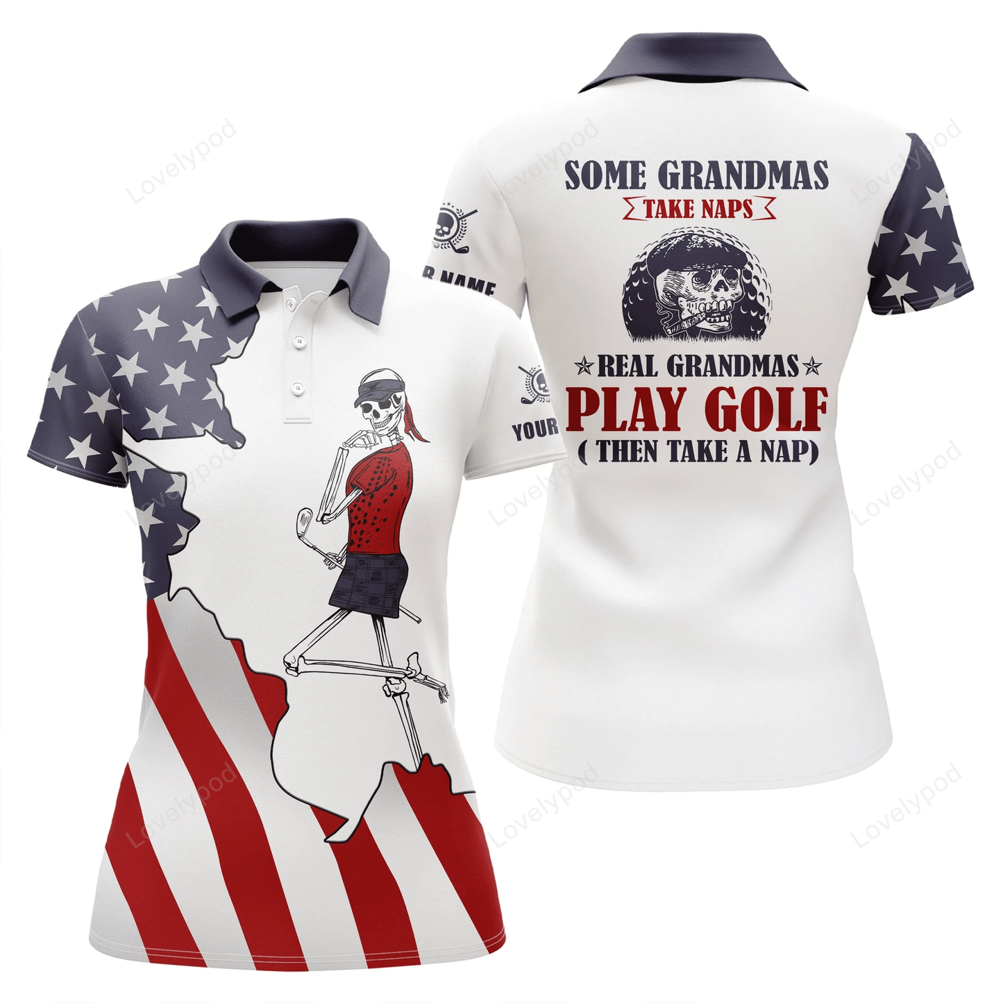 American flag patriotic women golf polos shirt custom skull grandmas take naps real grandmas play golf GY0810