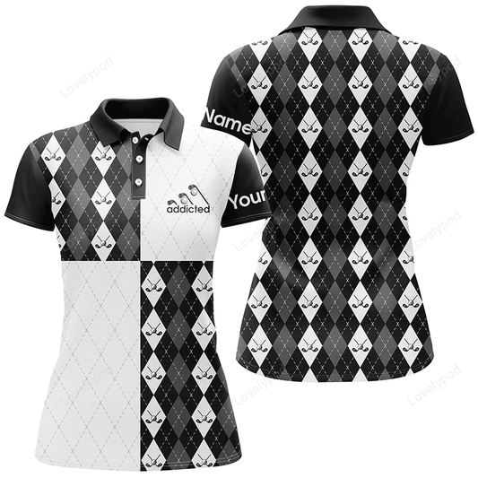 Golf addicted womens golf polo shirts, custom name black and white golf ball clubs argyle plaid pattern GY0869