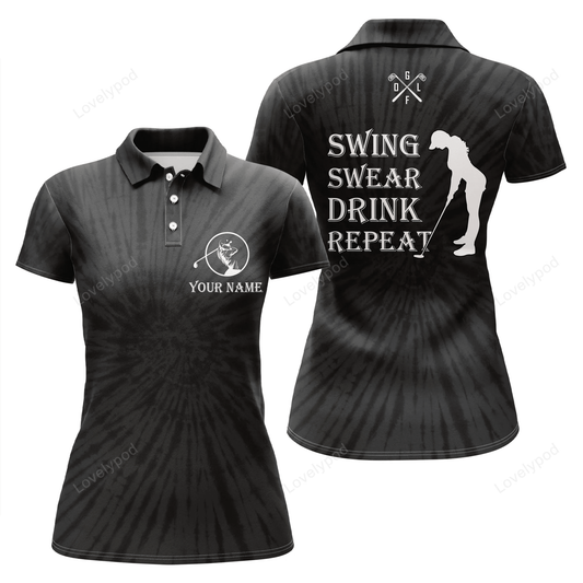 Funny womens golf polos shirts, custom name swing swear drink repeat black tie dye pattern golf shirts GY0971