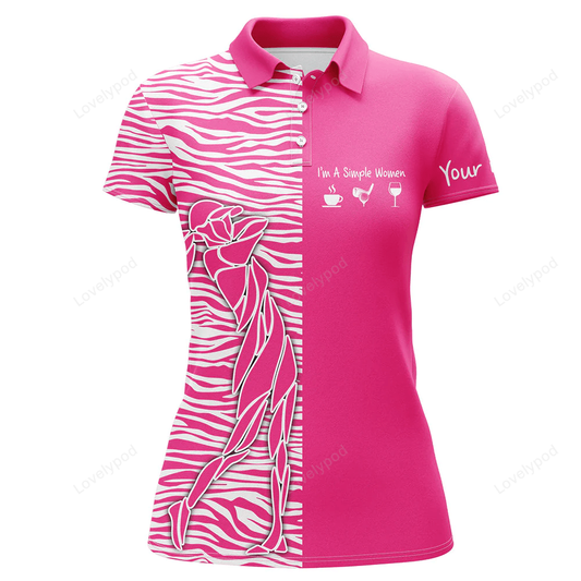 Pink womens golf polo shirt custom i'm a simple women coffee golf wine zebra pattern ladies golf tops GY0849