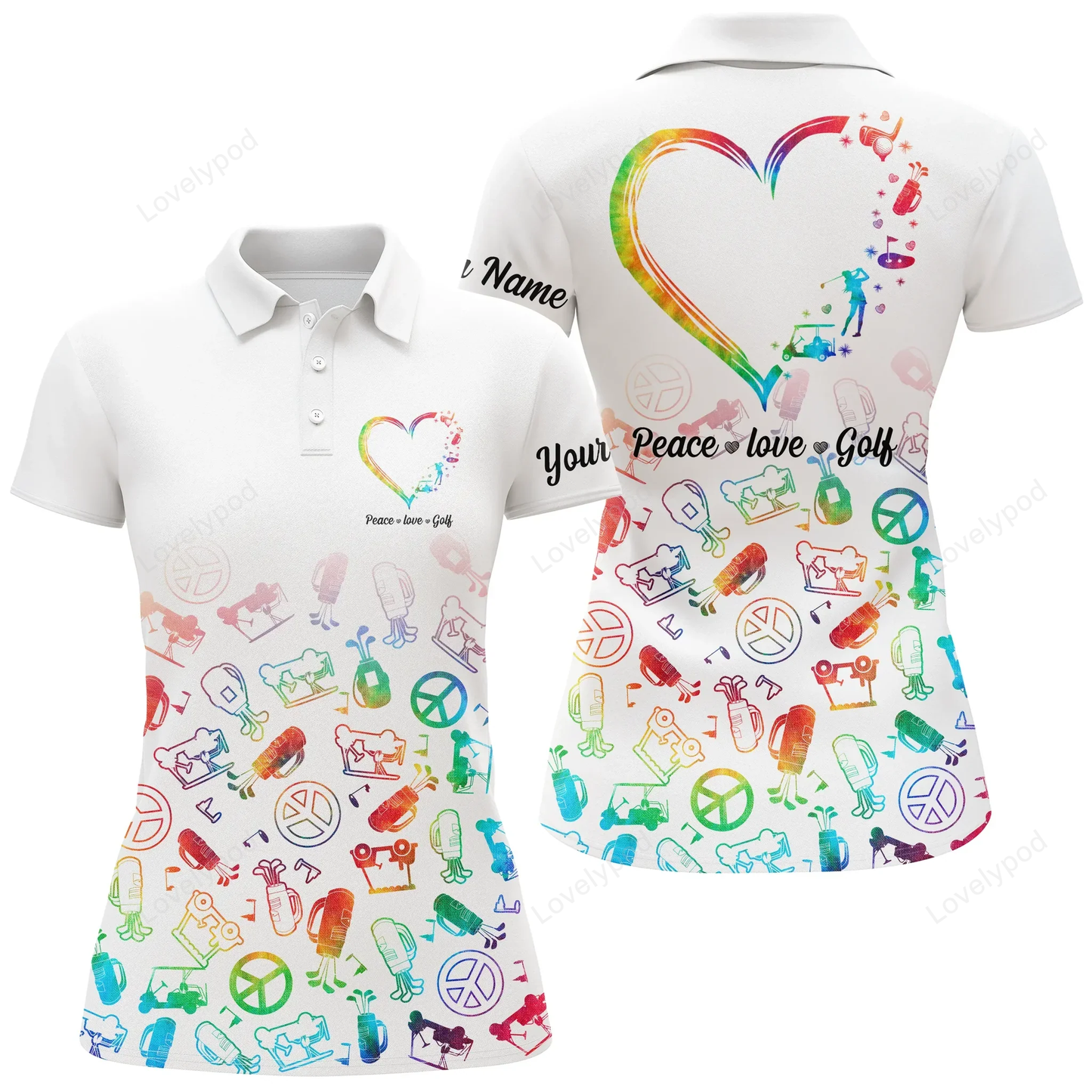 Womens golf polo shirts custom name watercolor peace love golf, personalized golf shirt for women GY0928