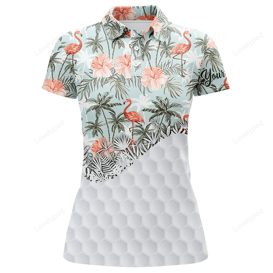 Tropical palm trees flamingo hibiscus pattern custom womens golf polo shirts, flamingo polo shirt GY0954