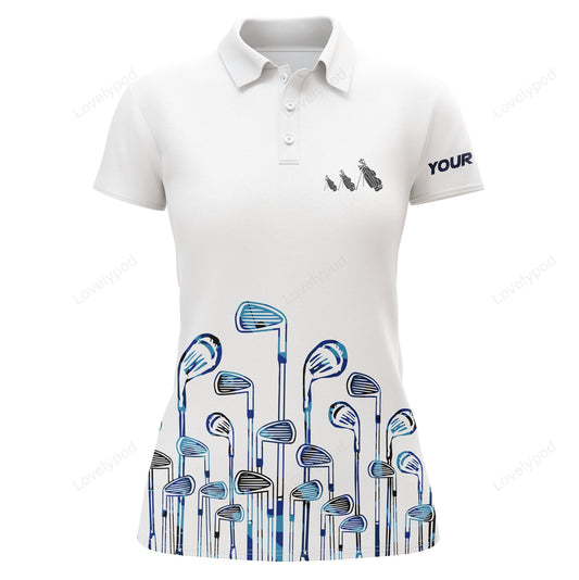 Custom name golf clubs white and blue women golf polo shirt, plus size womens golf shirt GY0934