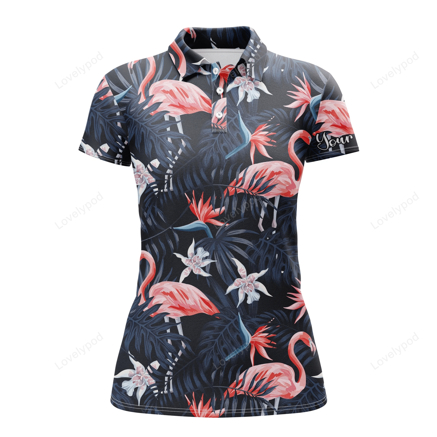 Women golf polo shirt tropical birds pink flamingo dark blue palm leaves custom polo shirts GY0929