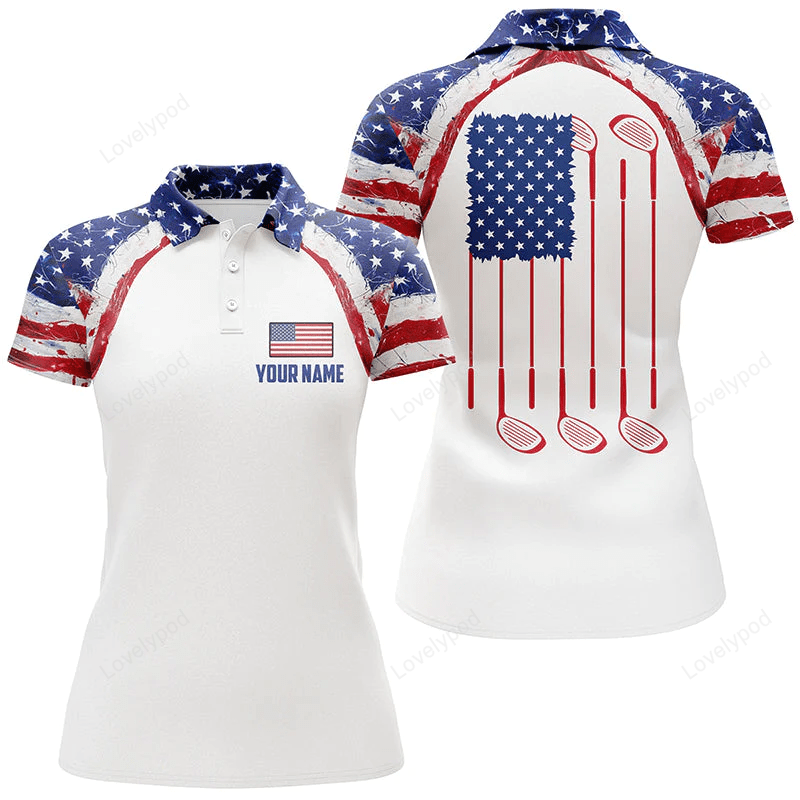 Watercolor american flag white womens golf polo shirt, custom golf tops for ladies GY0967