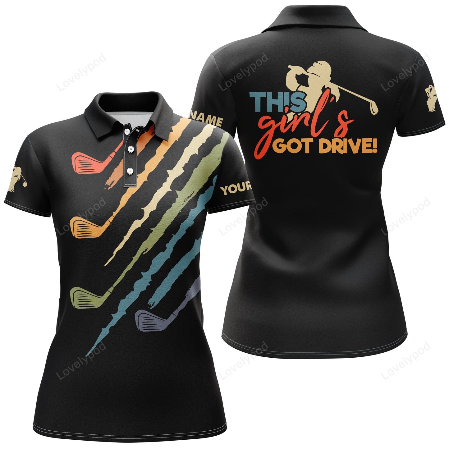 This girl's got drive vintage black women's golf polo shirts custom name golfing gift, gift for golfer GY0982