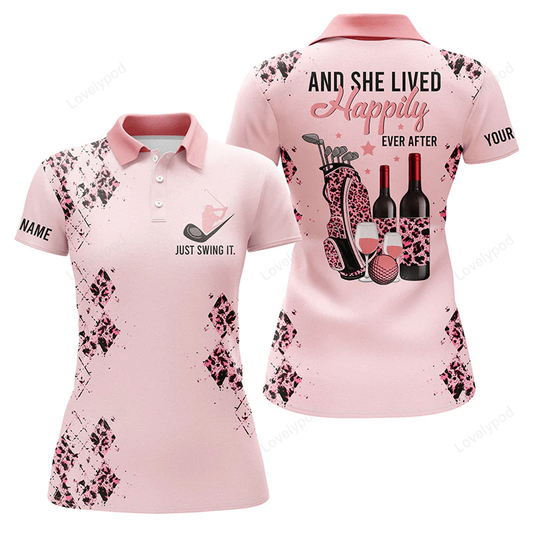 Pink leopard womens golf polo shirts custom name funny golf and wine and she lived happily GY0997