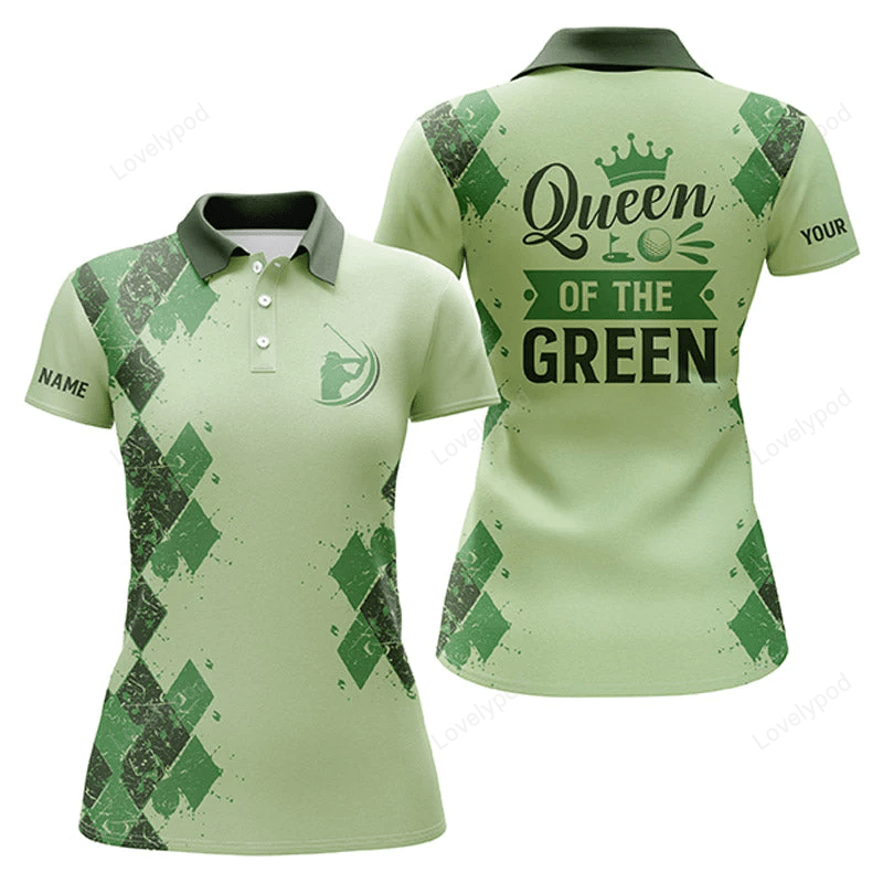 Green womens golf polo shirt custom name queen of the green funny golf shirt, gift for golf lovers GY0991