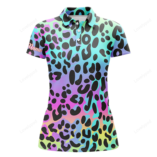 Colorful neon rainbow leopard custom womens golf polo shirts, team golf shirt gift for golf lovers GY0938