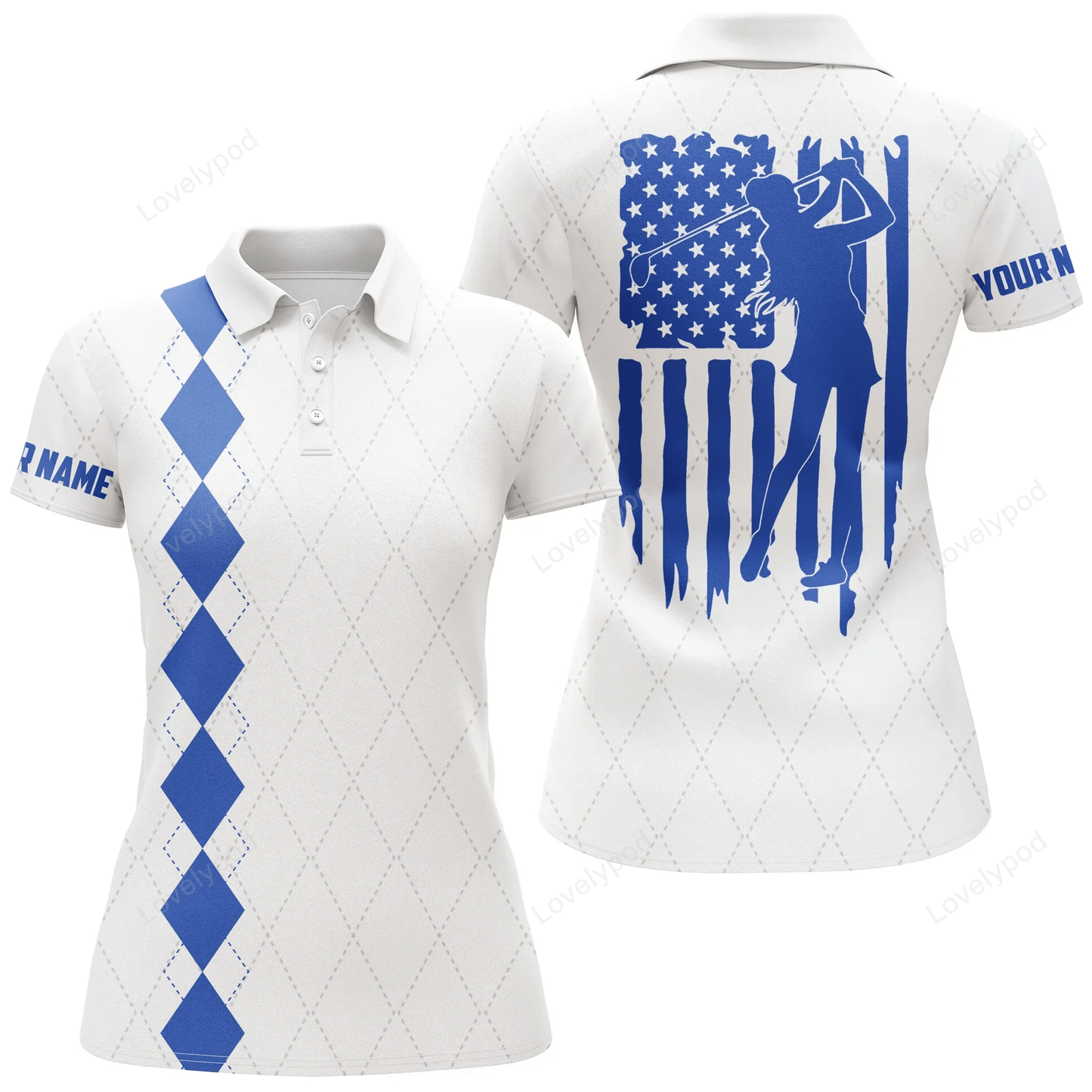 Womens golf polo shirt blue american flag patriotic golf shirts custom name golf gifts GY0959