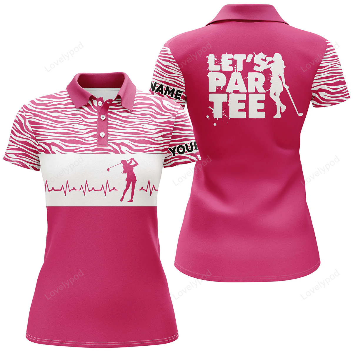 Funny pink womens golf polo shirt, let's par tee golf heartbeat custom name womens golf gift GY1000