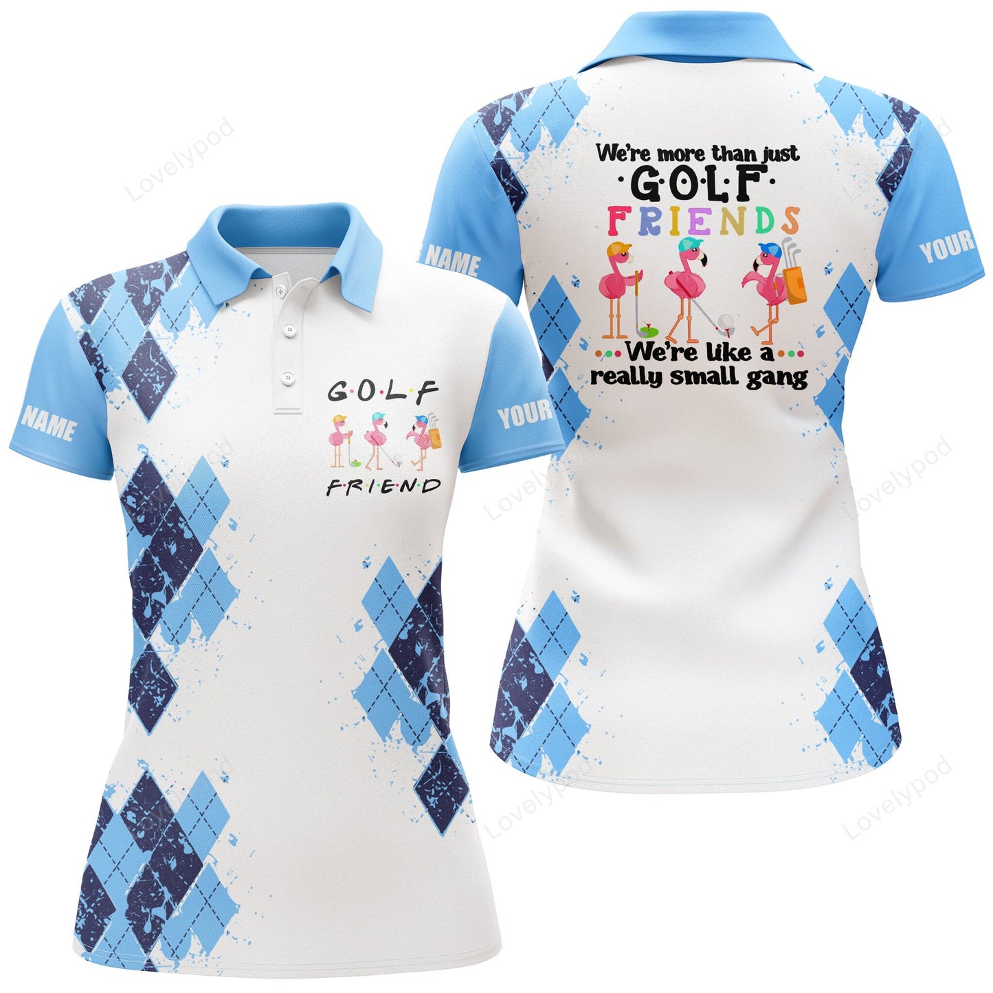 Womens golf polo shirt, we're more than just golf friends flamingo custom name golf shirt light blue GY1004