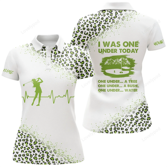 Funny golf shirts for women i was one under today custom name green leopard white women polo shirts GY0899