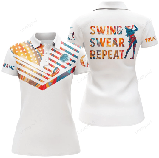 Women golf polo shirt watercolor, custom name swing swear repeat white golf shirt GY1024