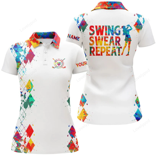 Womens golf polo shirt watercolor, custom name swing swear repeat white golf shirt, golfing gifts GY1057