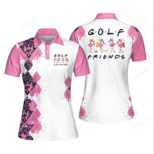 Golf friends flamingo muticolor short sleeve polo shirt, woman golf shirt, gift for golf player GY1079