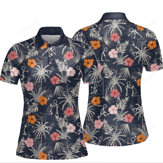 Funny golf stick figures flower women short sleeve polo shirt GY1070