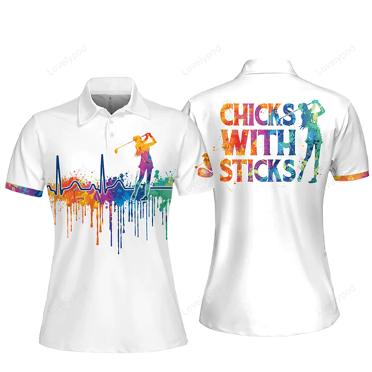 Watercolor golf heart beat chicks with sticks women polo shirt, golf shirt, gift for golf player, golf shirt, gift for her GY1076