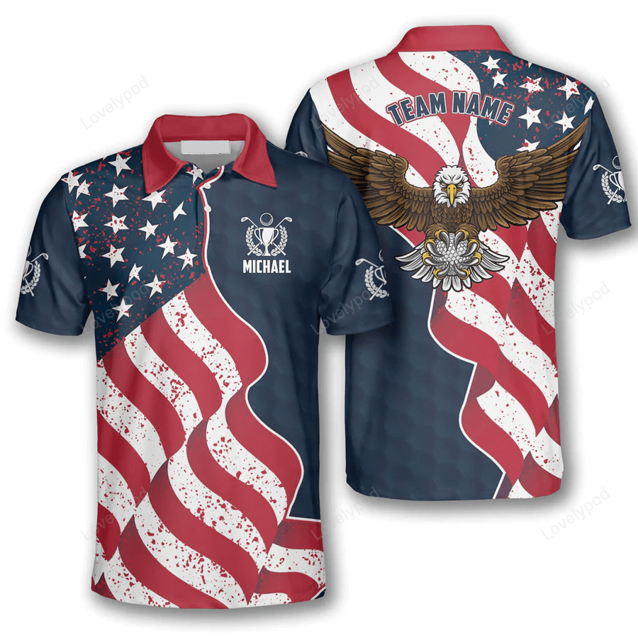 Patriotic waving flag eagle blue custom golf polo shirts for men, custom name men's golf shirts short sleeve size s-5xl GY1200