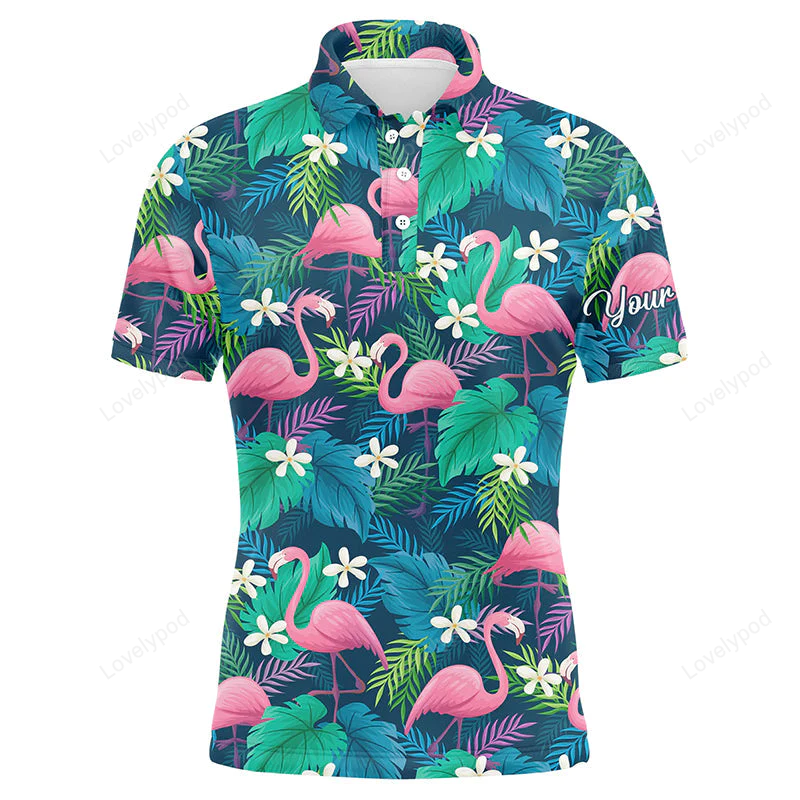 Golf men polo shirt - custom name colorful flamingo green tropical leaf pattern apparel - personalized gift for golf lover GY1174