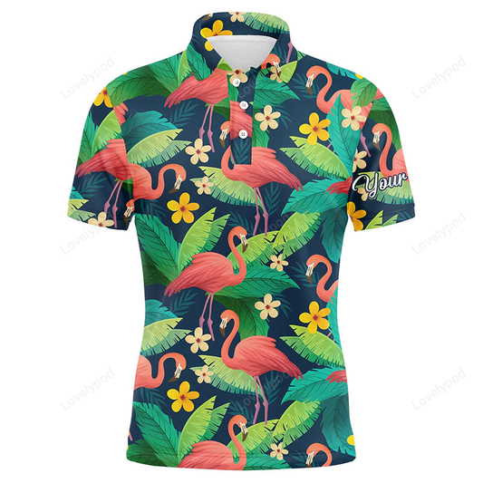 Golf men polo shirt - custom name colorful flamingo pattern green tropical leaves apparel - personalized gift for golf lover GY1197