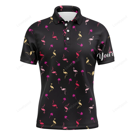 Golf men polo shirt - custom name neon pink flamingos palm pattern apparel GY1139