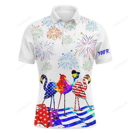 Golf men polo shirt - custom name funny red white blue flamingo american flag apparel GY1142