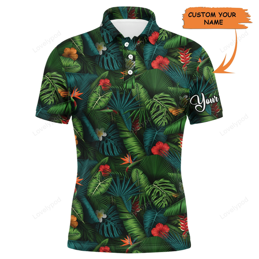 Tropical summer leaves background custom name golf men polo shirt GY1147