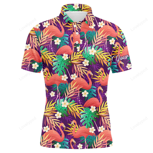 Golf men polo shirt - custom name colorful flamingo pattern tropical leaves apparel - personalized gift for golf lover GY1194