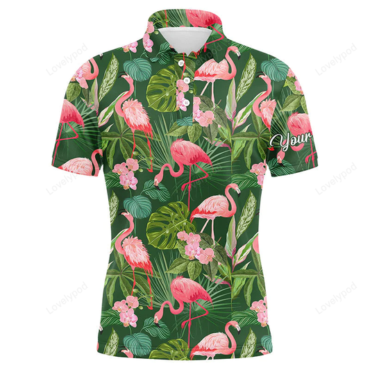 Golf men polo shirt - custom name flamingo green tropical palm leaves pattern apparel - personalized gift for golf lover GY1193