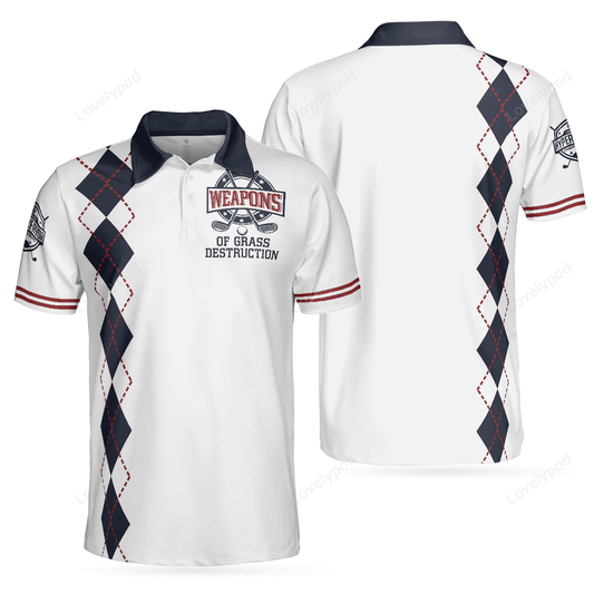 Weapons of grass destruction short sleeve polo shirt, white and navy argyle pattern polo shirt, best golf shirt for men GY1186