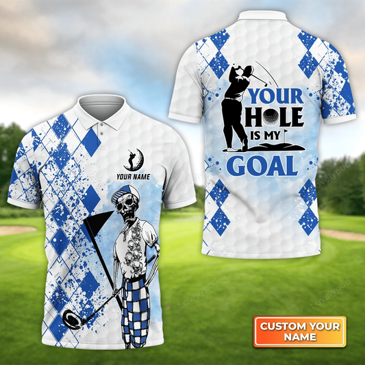 Golf skull blue pattern your hole is my goal - personalized name 3d polo shirt gift for golfers GY1237