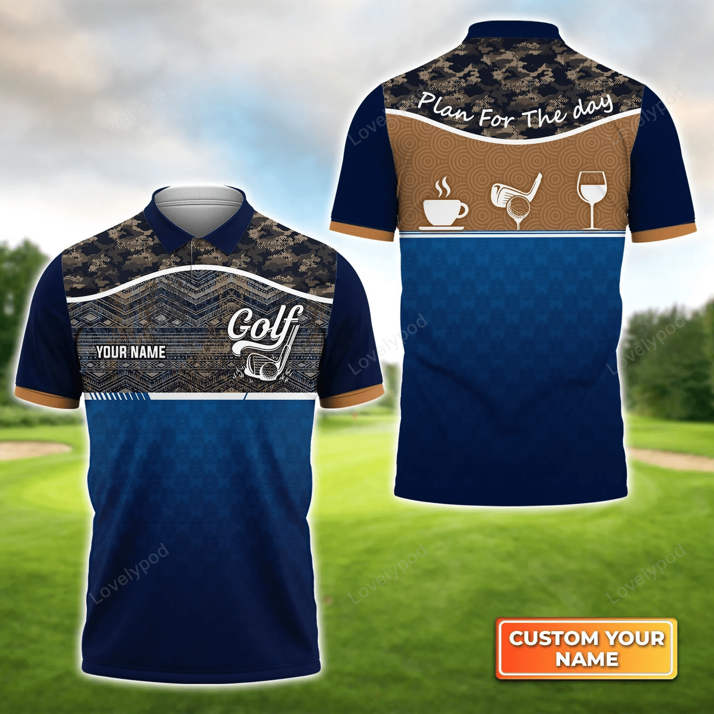 Blue golf jersey plan for the day camo pattern - personalized name 3d polo shirt gift for golfers GY1198