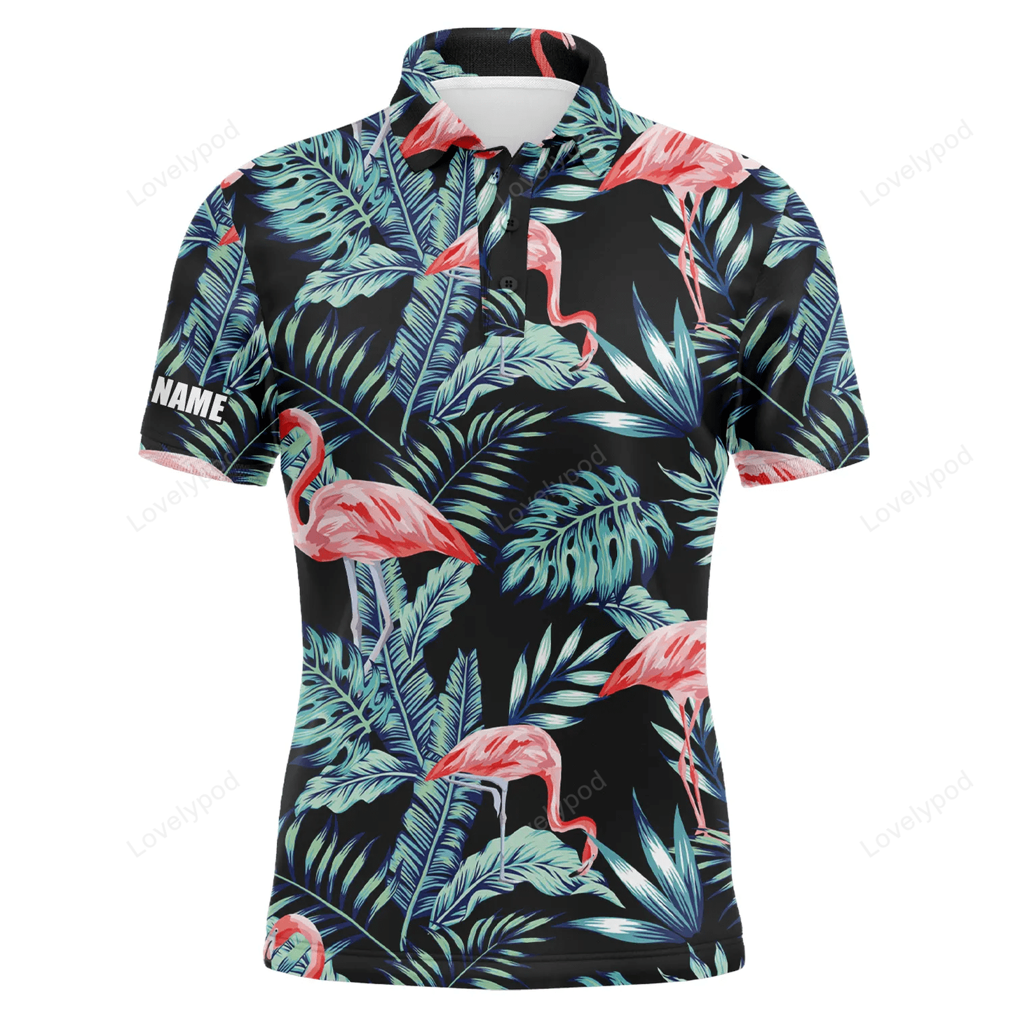 Blue forest jungle pattern pink flamingo custom name apparel, personalized gift for golf lover, golf men polo shirt GY1206