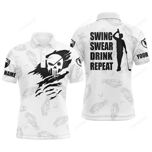 Golf men polo shirt - custom name skull golf clubs pattern white apparel - personalized gift for golf lover GY1151