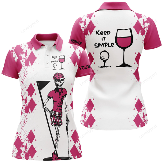 White pink womens golf shirt, skull keep it simple golf & wine custom name womens golf polo shirt GY1156