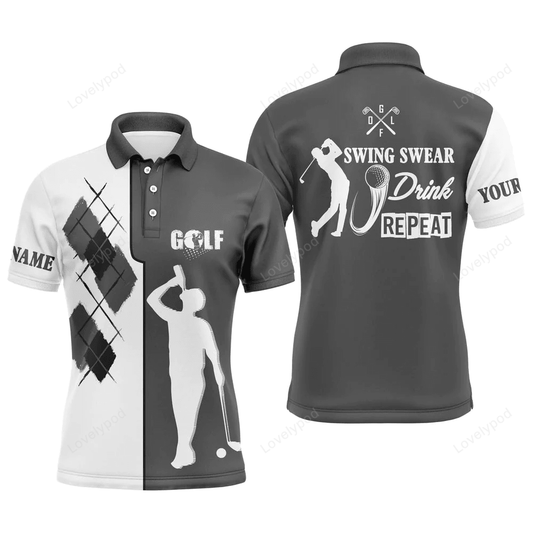 Black white men golf polo up shirts custom name swing swear drink repeat golf shirt, golf outfit men GY1366