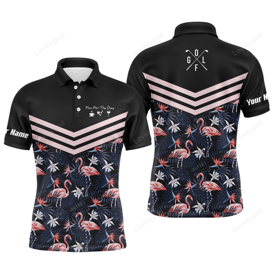 Golf men polo shirt - tropical leaf flamingo pattern custom name apparel, plan for the day coffee golf wine GY1173