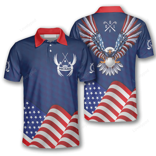 Patriotic eagle flag blue custom golf polo shirts for men, men's golf shirts, gift for golf player GY1187