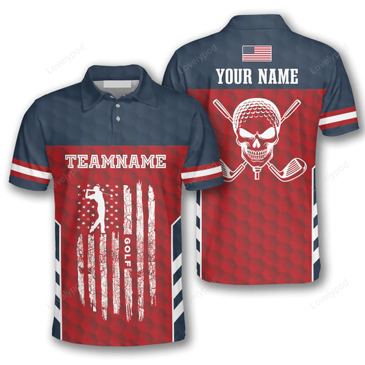 Patriotic skull flag red blue golf polo shirts for men, custom name men's golf shirts short sleeve size s-5xl GY1210