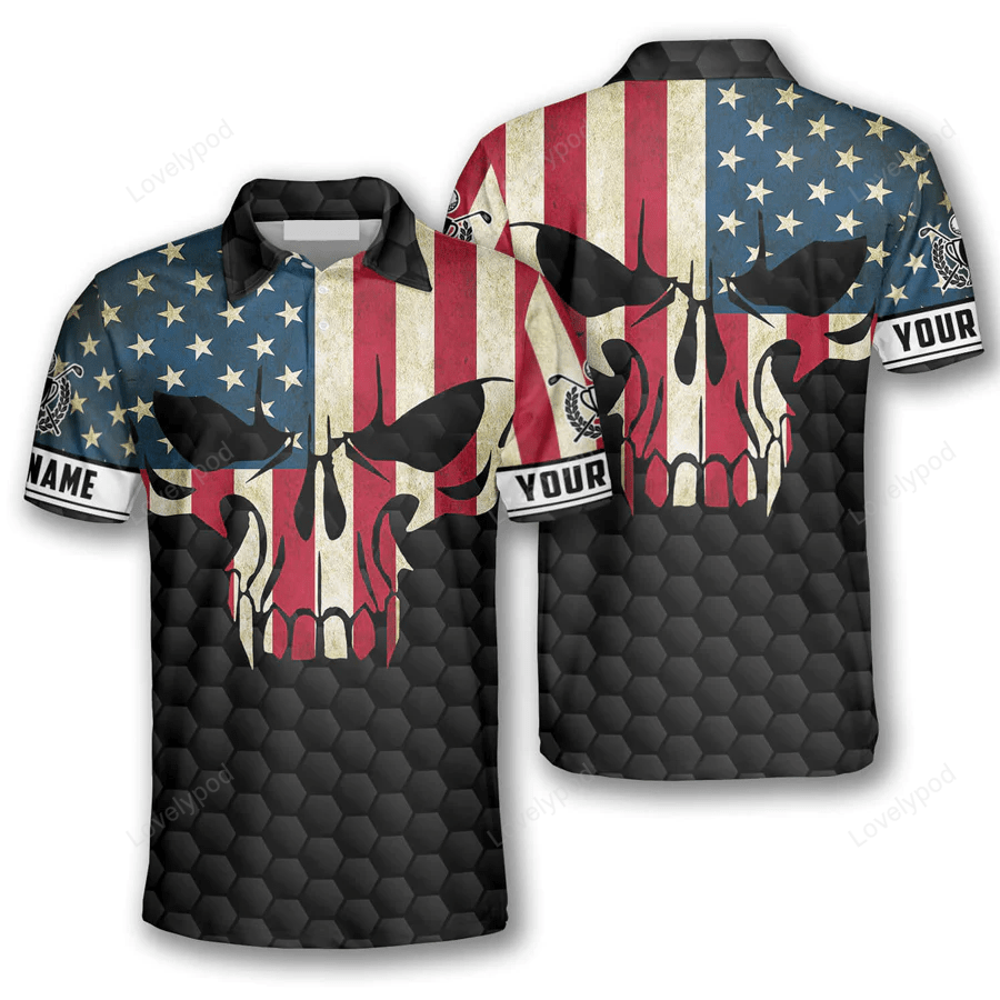 Golf skull american flag custom golf polo shirts for men, custom name men's golf shirts short sleeve size s-5xl GY1204