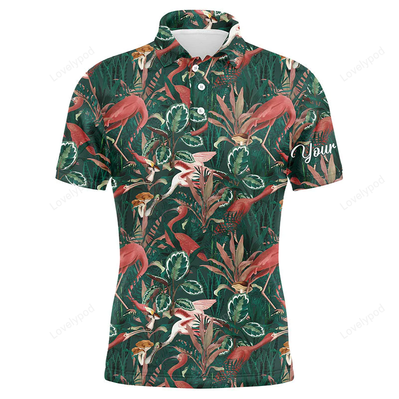 Golf men polo shirt - custom name flamingo green tropical jungle pattern apparel - personalized gift for golf lover GY1232